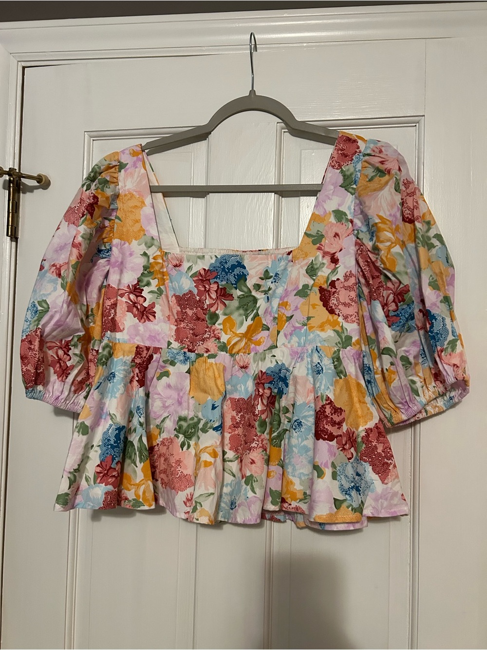 Buddy Love Floral Puff-Sleeve Peplum Top - Pink, Yellow, Blue, Green